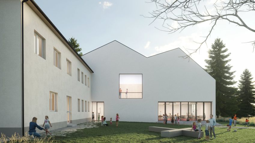 Moderní přístavba základní školy v malé obci u Prahy zachovává místní genius loci