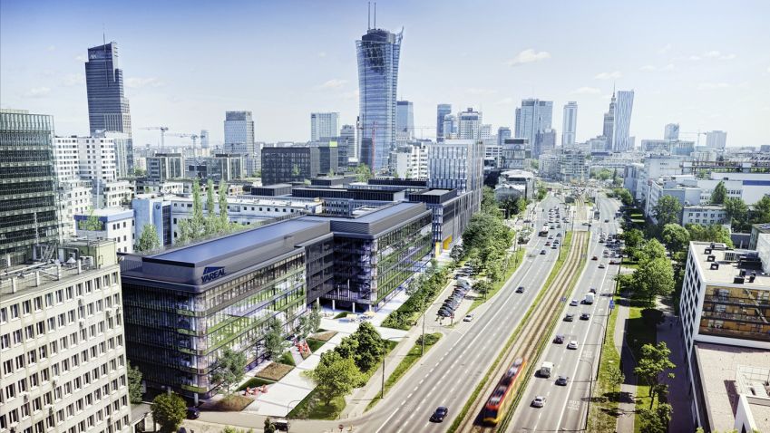 V Polsku roste moderní kancelářský komplex s vnitřní zahradou